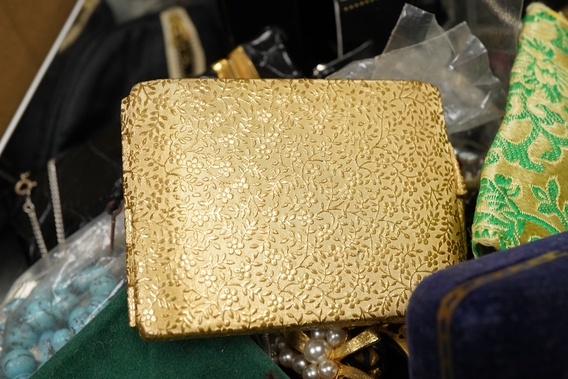 A quantity of assorted mainly costume jewellery, including paste brooch, facetted jet bead necklace, enamelled earrings, wrist watches, compact, lighters, etc.